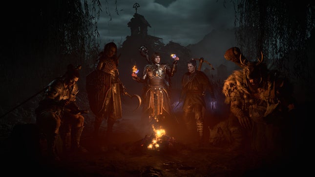 Diablo IV characters sit around a campfire. 